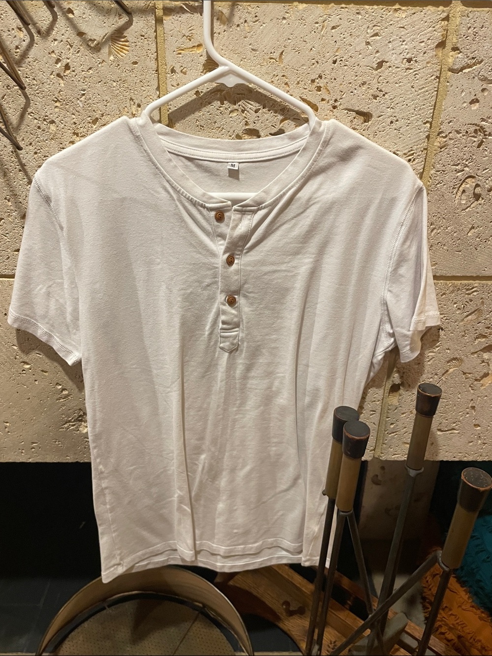 White Short-Sleeve Henley Shirt with Wood Buttons